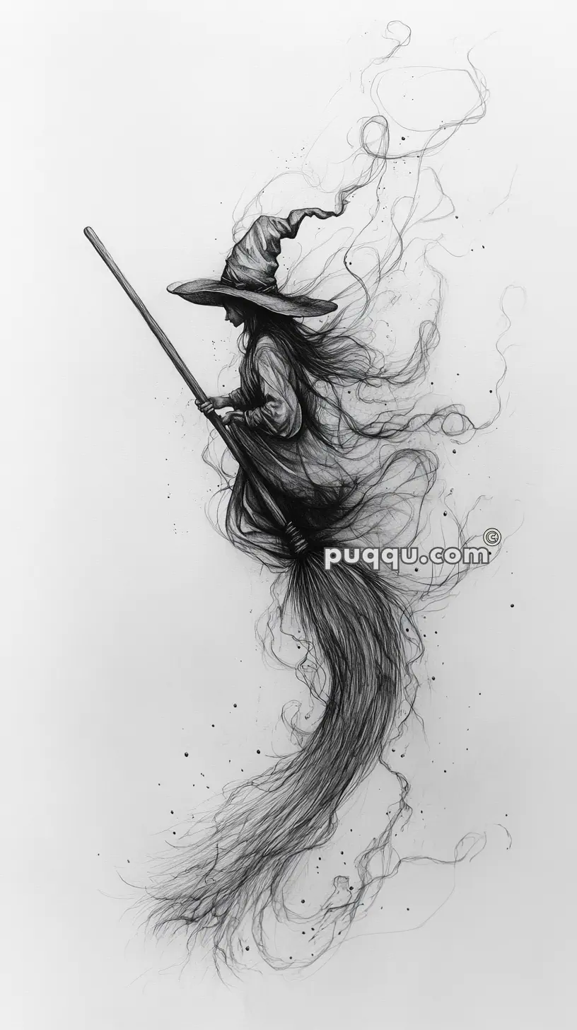 A sketch of a witch flying on a broomstick with swirling, ethereal lines emanating from her form.