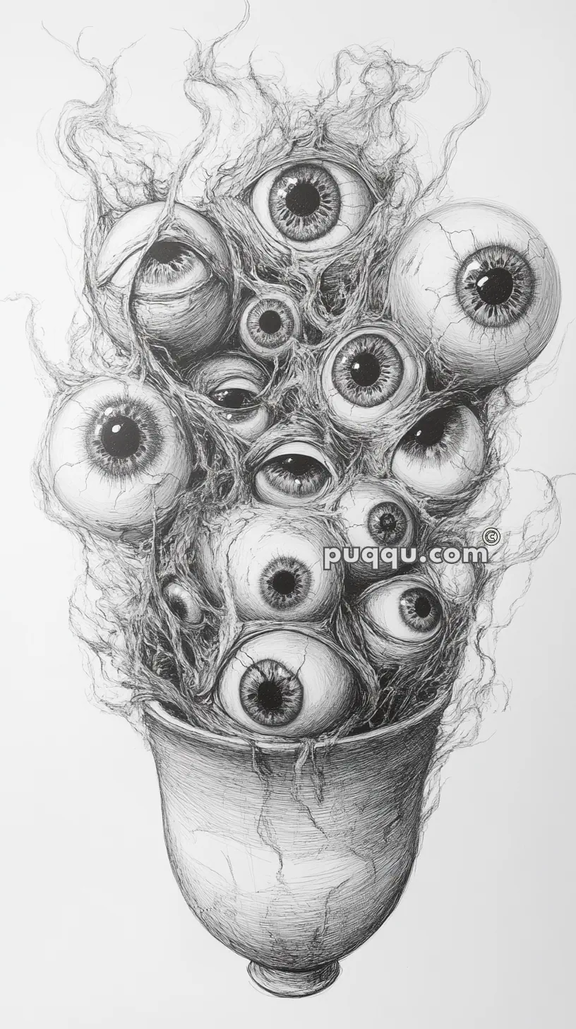 Illustration of a chalice filled with multiple floating eyeballs entangled in roots.