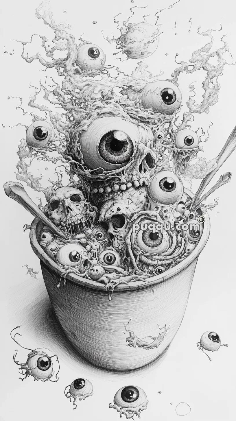 Drawing of a bucket filled with eyeballs, skulls, and bones, with some of the eyes floating above.