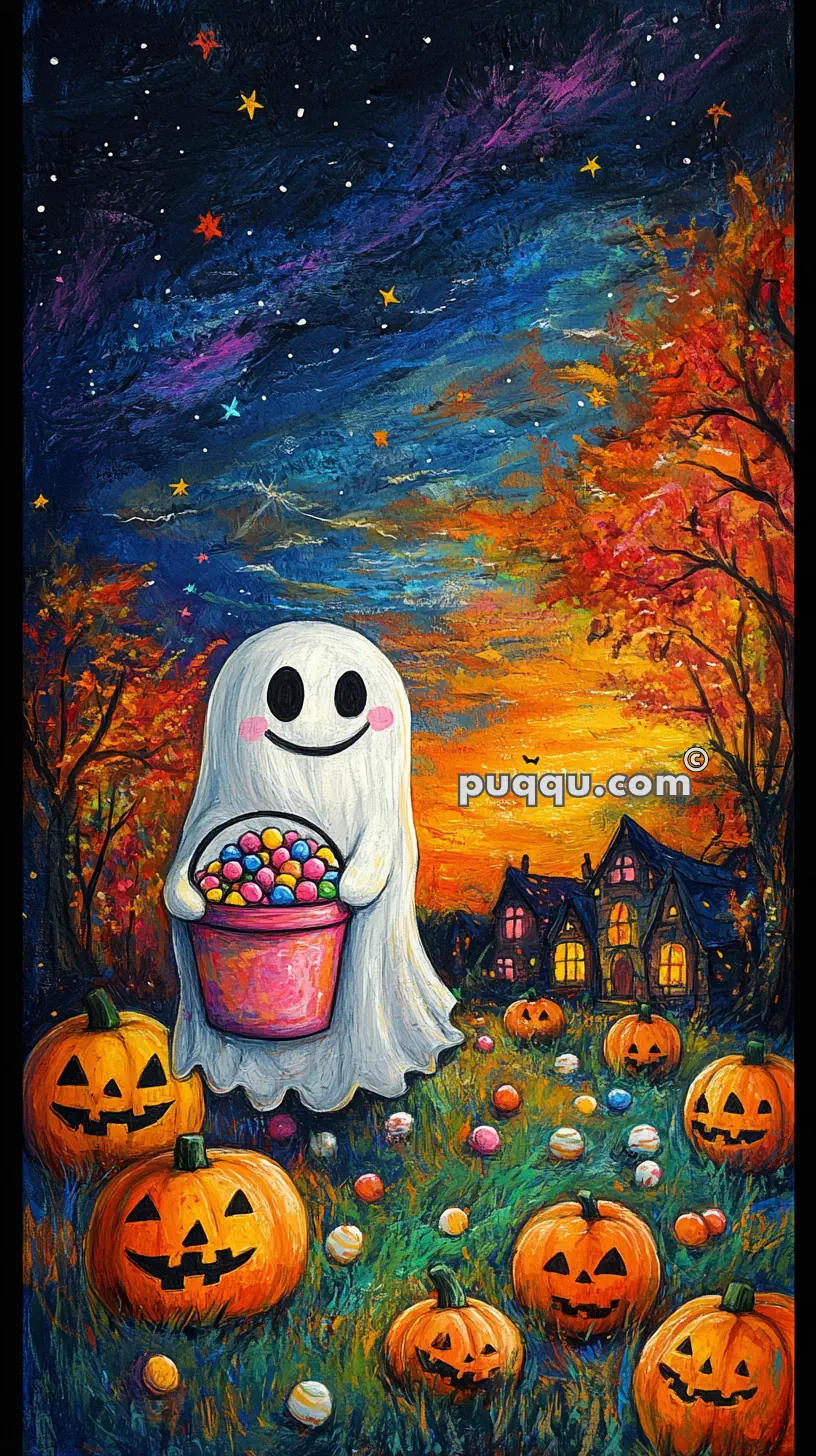 A cute ghost holding a bucket of candy stands in a field surrounded by carved pumpkins, with a colorful, starry night sky and lit houses in the background.