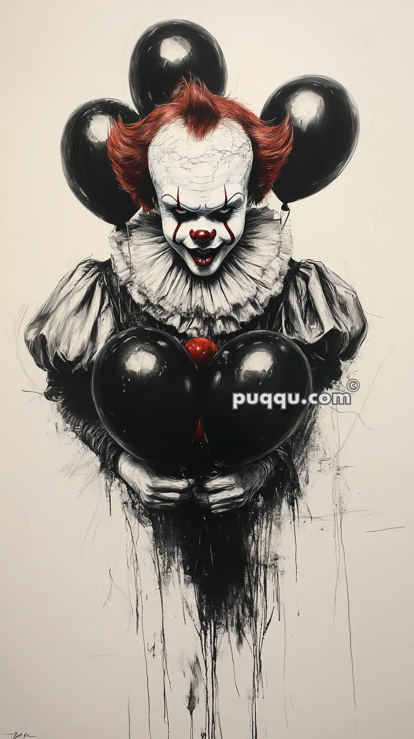 Illustration of a clown with red hair, a white face with red makeup, and a ruffled collar holding black heart-shaped balloons against a light background.