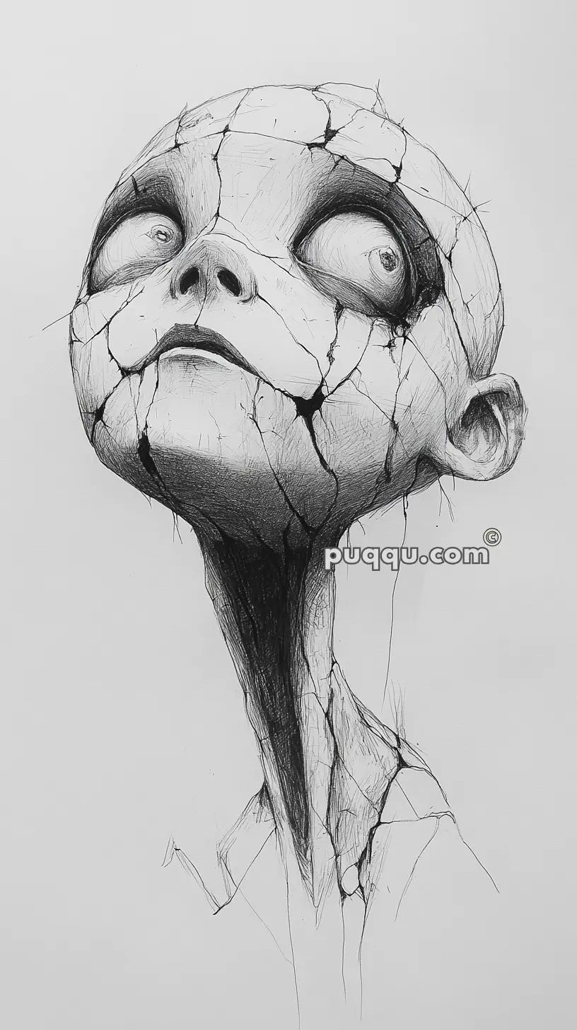 Detailed drawing of a cracked mannequin-like head looking upward with large eyes and a long neck.