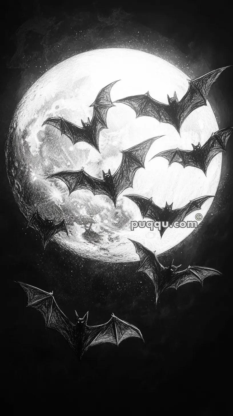 Bats flying against a full moon with a dark, cloudy backdrop.