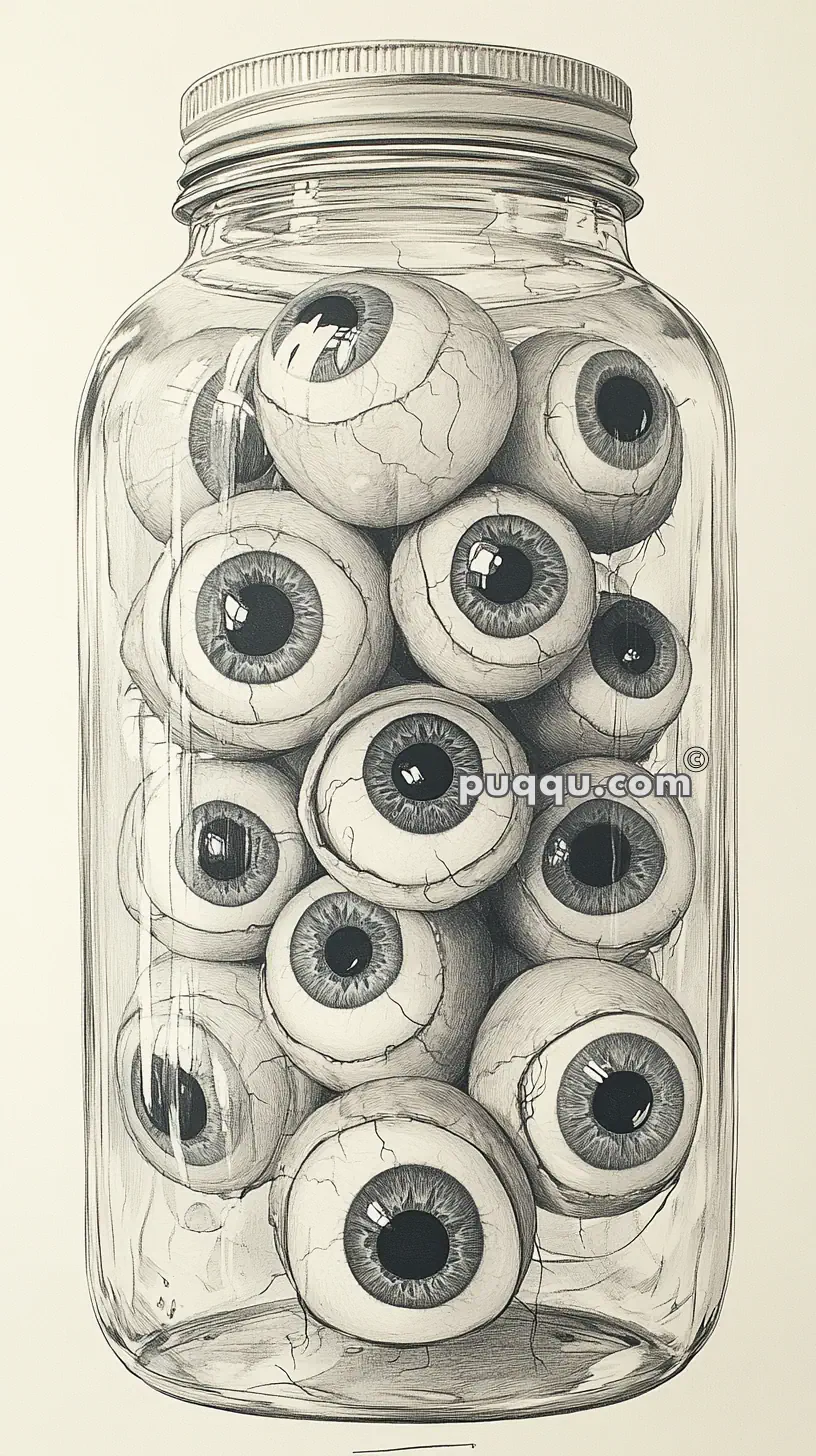 A drawing of a glass jar filled with multiple detailed human eyeballs.