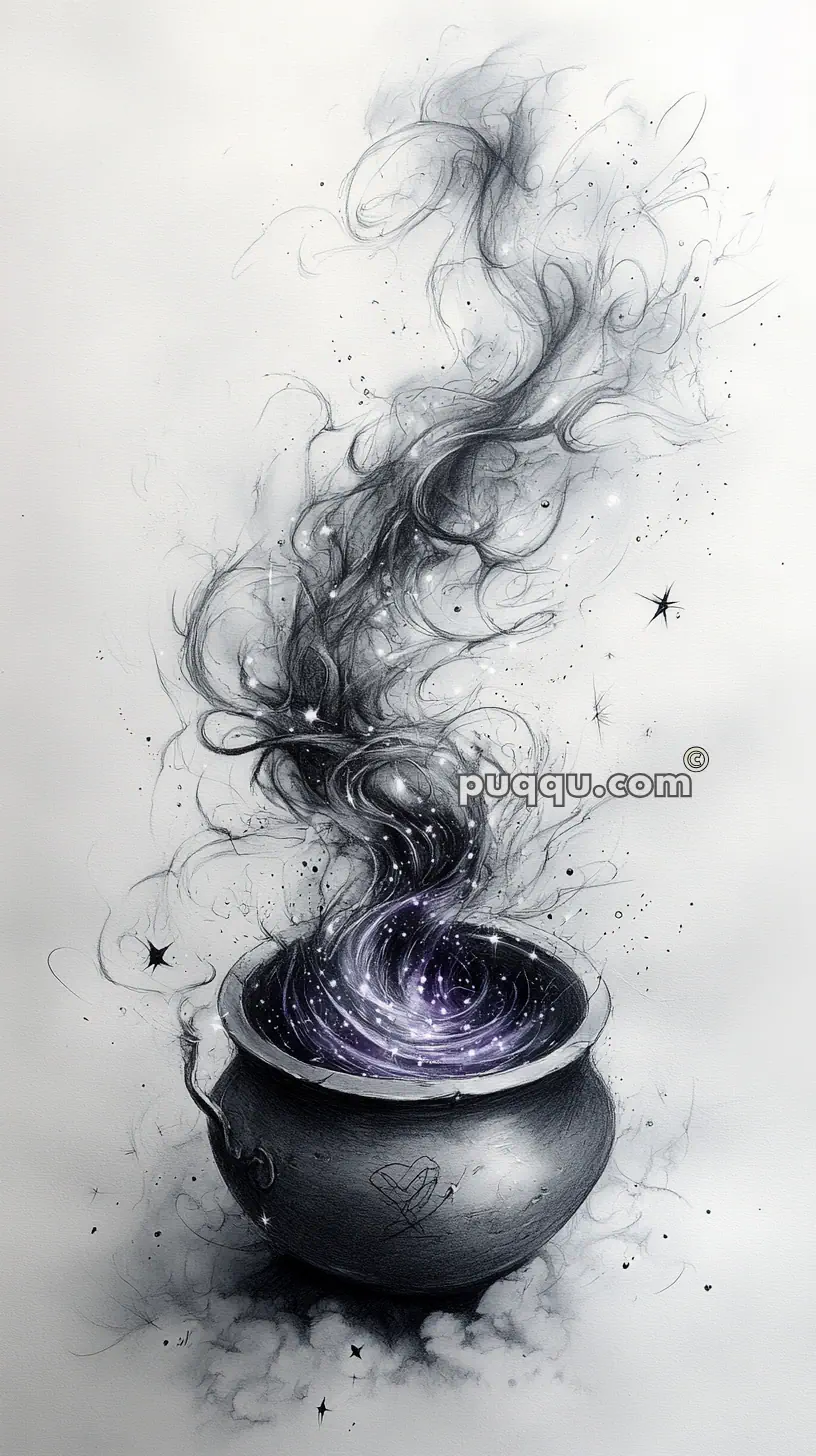 A black cauldron emitting swirling smoke and cosmic particles, creating a magical and otherworldly scene.