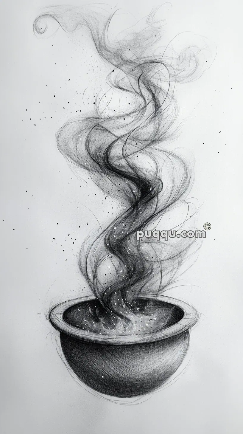 A sketch of swirling smoke rising from a round bowl, with fine lines and speckled particles adding texture and movement.