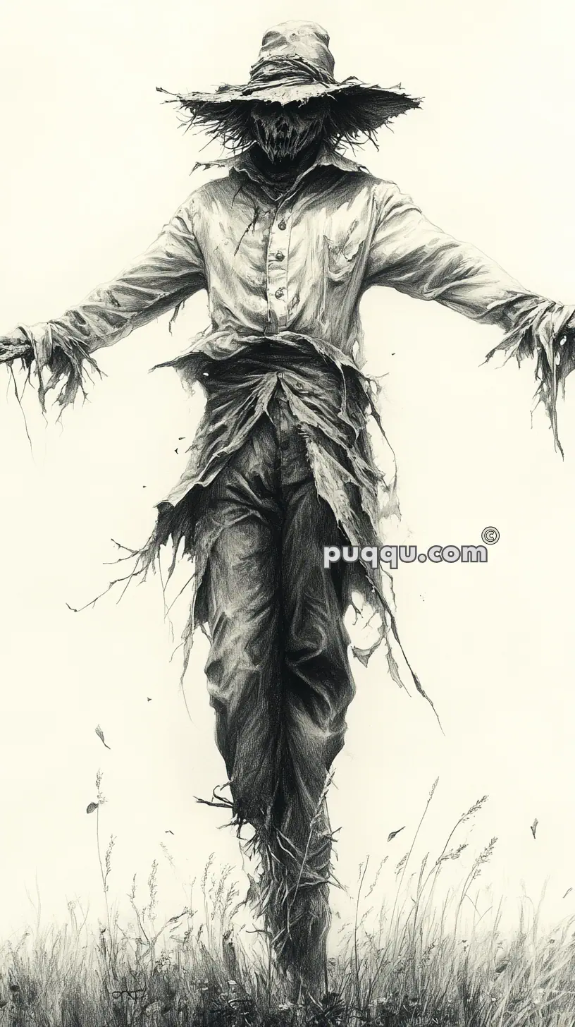 Drawing of a scarecrow in tattered clothing, standing in a field with a straw hat and a menacing look.