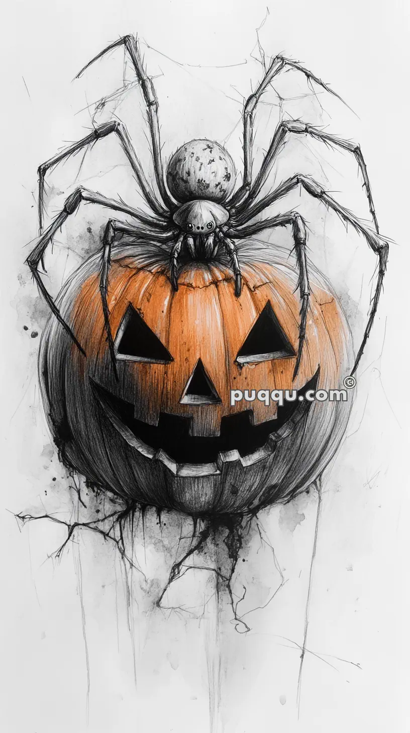 A detailed sketch of a large spider perched on a carved pumpkin with a classic jack-o'-lantern face.