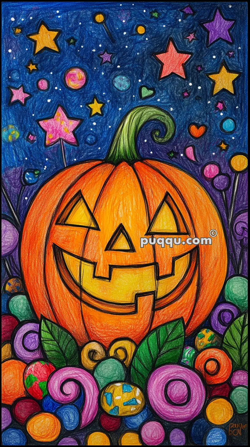 Colorful drawing of a Halloween pumpkin with a carved face, surrounded by swirling candy, stars, and planets against a dark blue background.