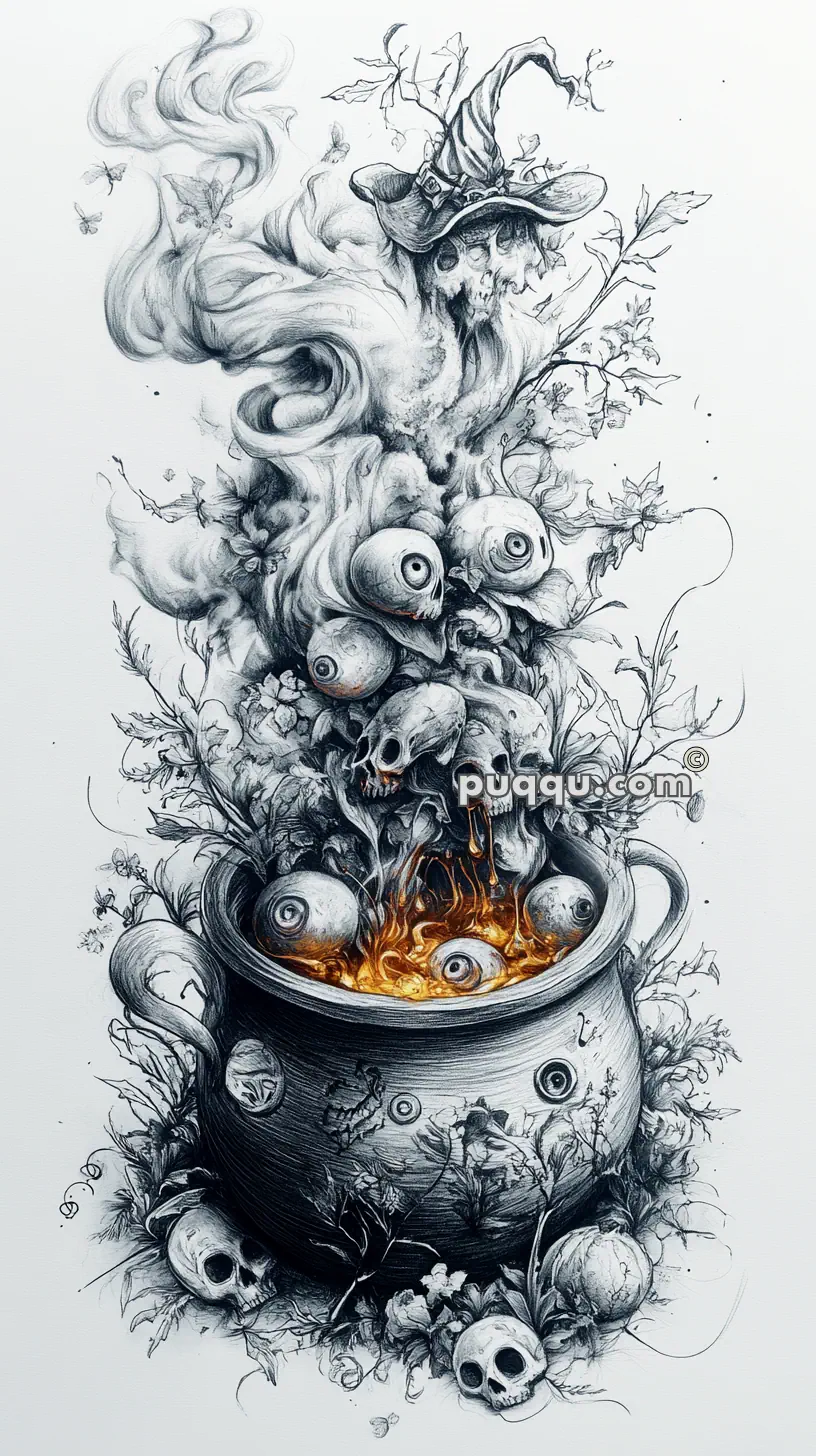 Illustration of a cauldron with eyes and skulls emitting smoke forming into a witch's hat, surrounded by plants.