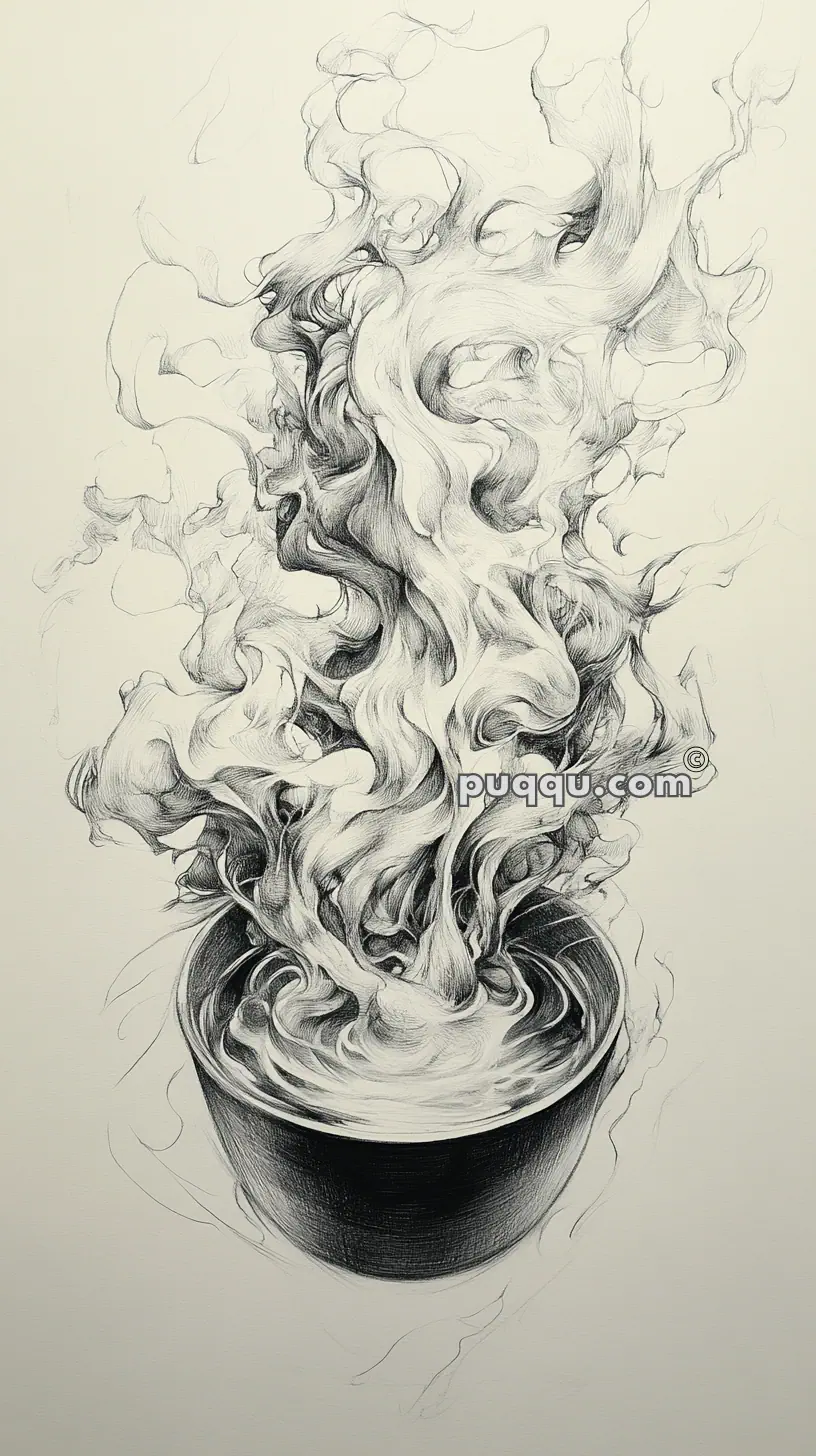 A detailed pencil drawing of a black cup with swirling, flowing steam rising above it, creating intricate and dynamic shapes. The background is plain, highlighting the complexity of the steam patterns.