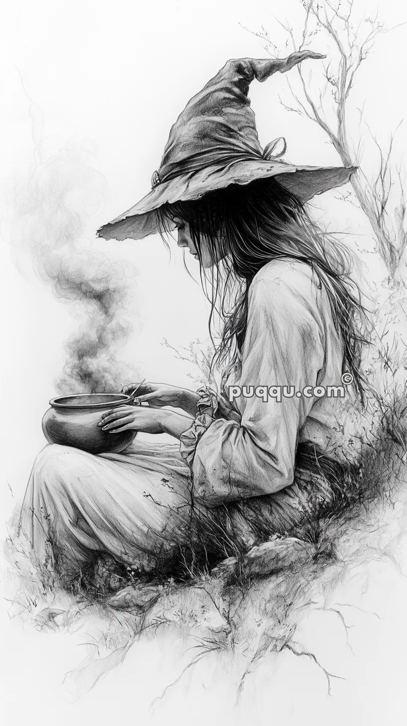 Sketch of a woman in a witch's hat, sitting outdoors, stirring a steaming cauldron.