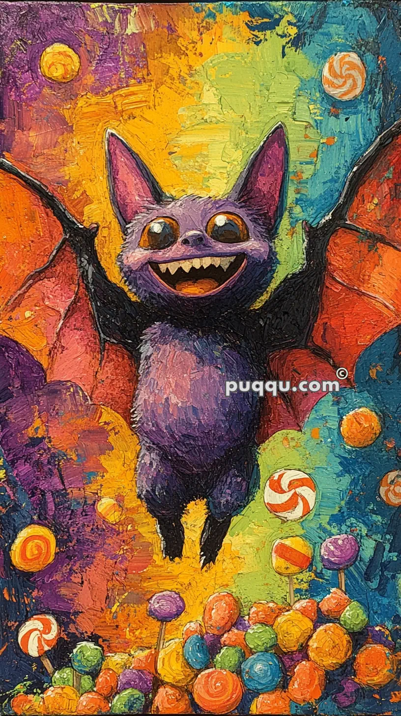 A colorful painting of a joyful cartoon bat with outstretched wings flying among various candies, set against a vibrant background.