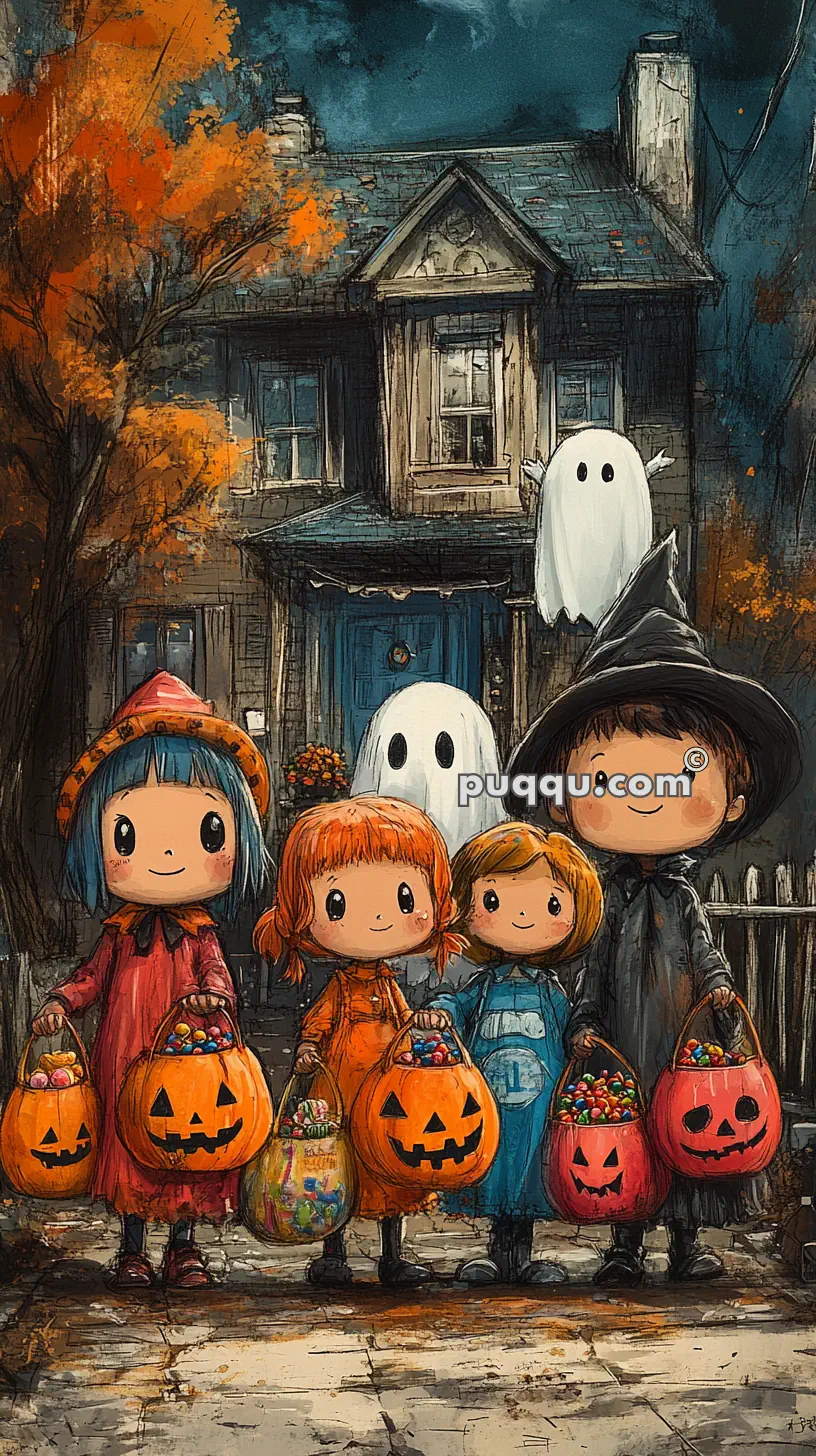 Illustration of four children in Halloween costumes holding pumpkin buckets, standing in front of a spooky house decorated with ghost figures and surrounded by fall foliage.