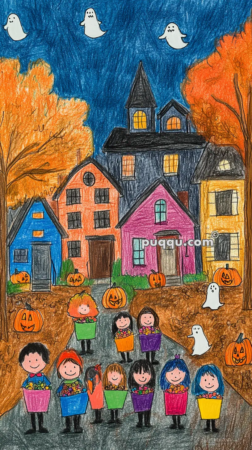 Crayon drawing of children trick-or-treating on Halloween night, with ghosts in the sky, jack-o'-lanterns on the ground, and colorful houses in the background.