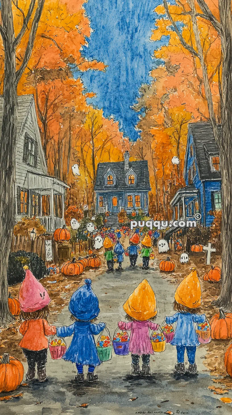 Children in costumes trick-or-treating on a street lined with houses, pumpkins, and Halloween decorations, under a sky with autumn foliage.