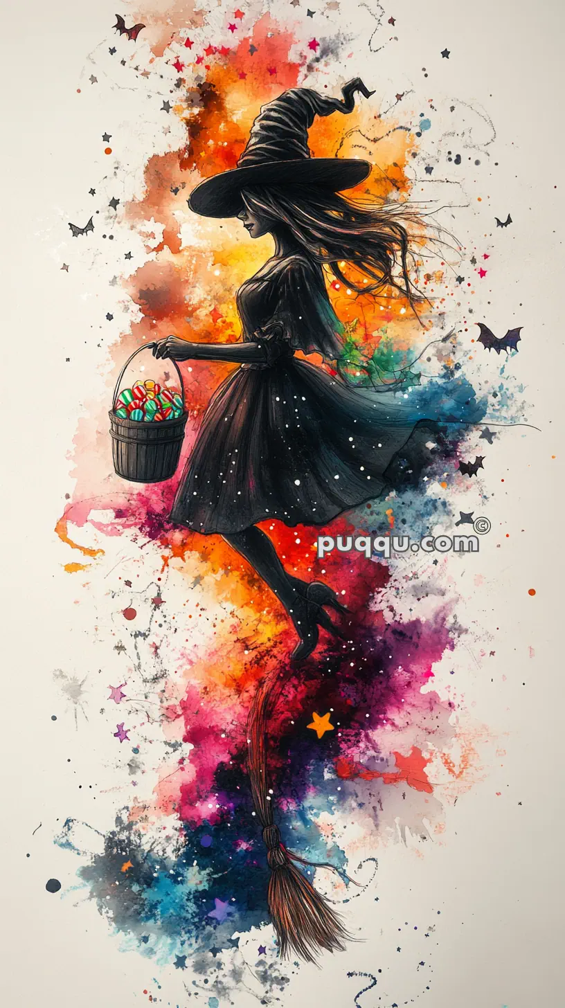 Silhouette of a witch flying on a broomstick with a basket of candy against a vibrant watercolor background with splashes of orange, pink, blue, and black, accompanied by bats and stars.