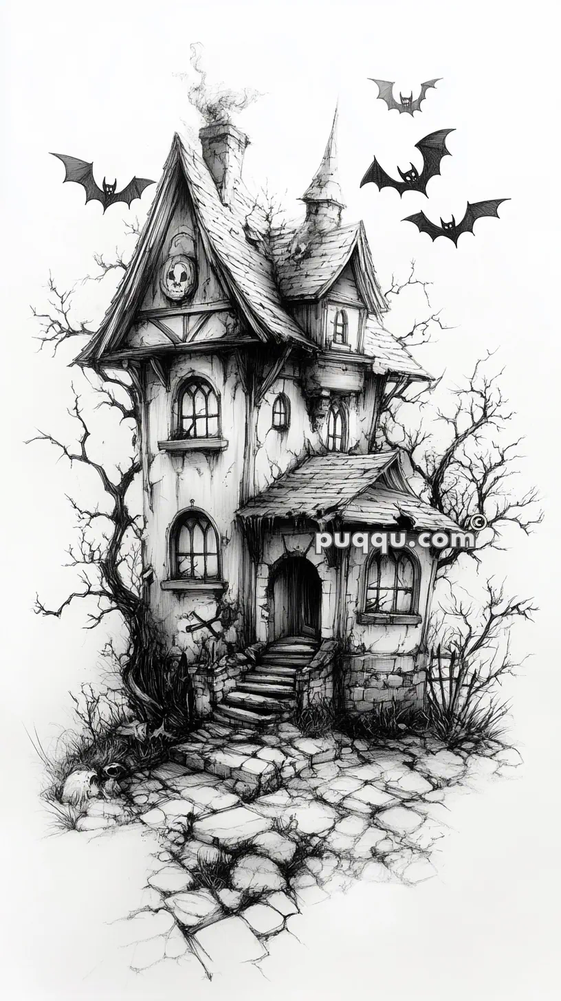 Illustration of a spooky house with a pointed roof and broken windows, surrounded by barren trees and flying bats.