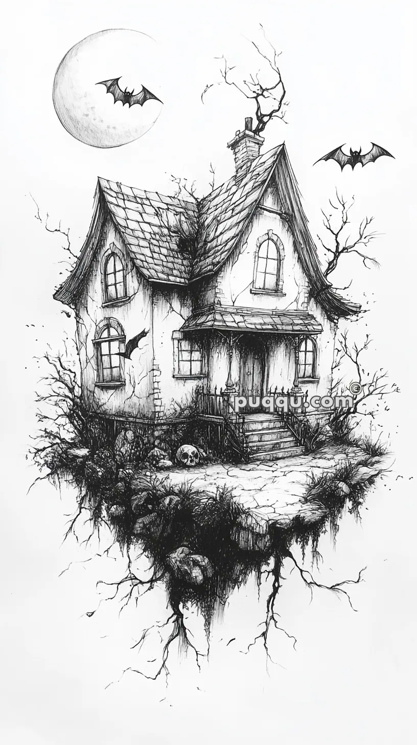 Illustration of a spooky floating house with bats flying around it, a full moon in the background, and bare trees.