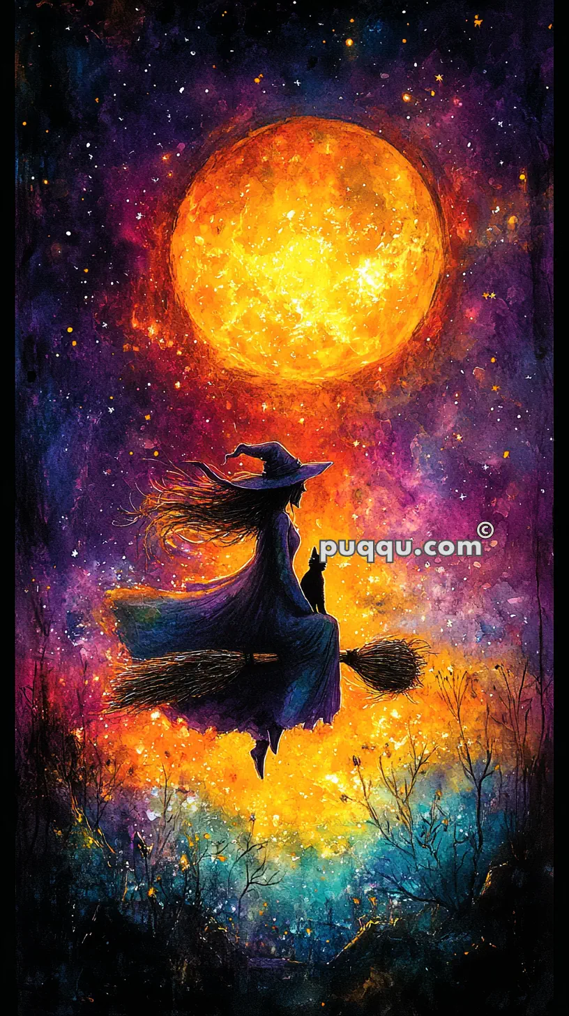 A silhouette of a witch wearing a hat, riding a broomstick with a cat, set against a vibrant, colorful sky with a large glowing moon.