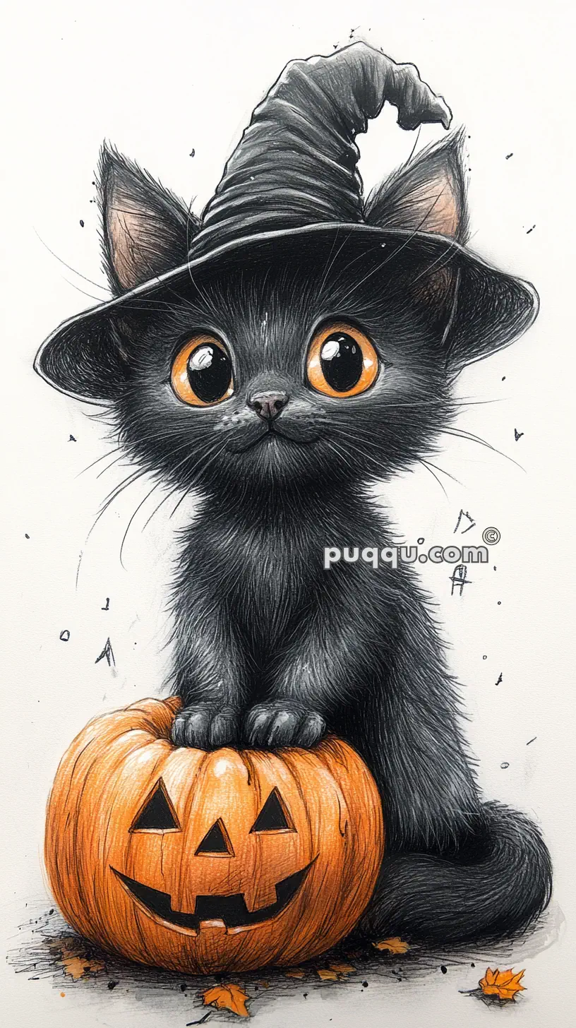 Illustration of a black kitten wearing a witch hat, sitting on a carved pumpkin with an orange Jack-o'-lantern face.