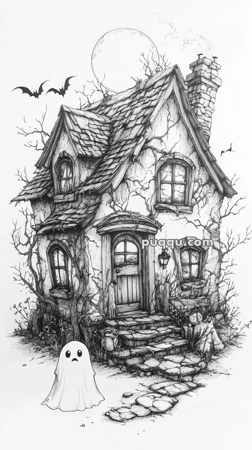 Black and white illustration of a haunted house with a cute ghost in front, leafless trees, and bats flying around a full moon in the background.