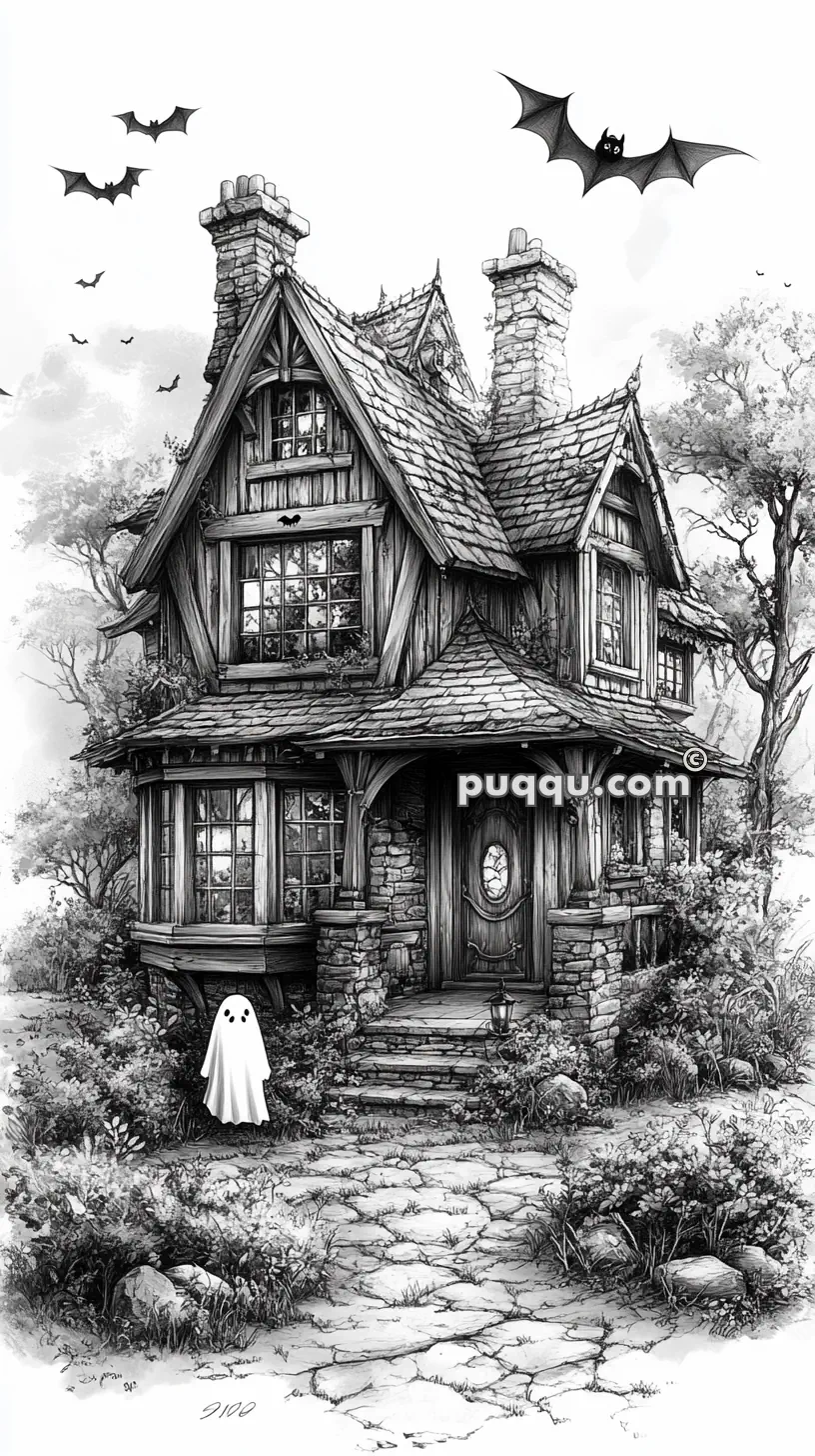 A spooky house with Gothic architecture, surrounded by trees and bushes. Bats are flying around, and a small ghost is floating near the house's entrance.