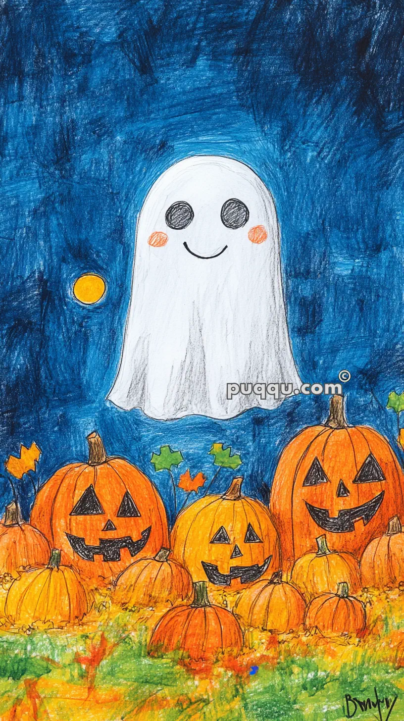 A cheerful ghost with rosy cheeks hovers above a pumpkin patch with several jack-o'-lanterns, against a starry night sky.