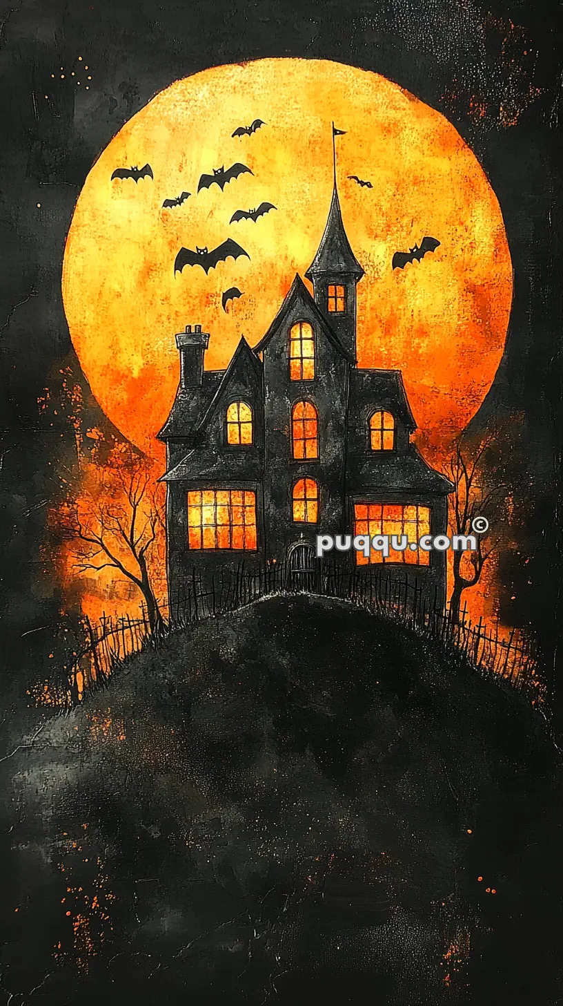 A spooky haunted house on a hill with a large orange full moon in the background, surrounded by bats flying in the night sky.