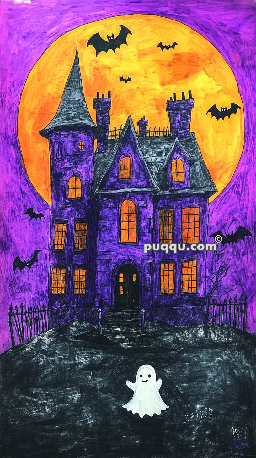 Illustration of a haunted house with a large orange moon, flying bats, and a small smiling ghost in the front yard.