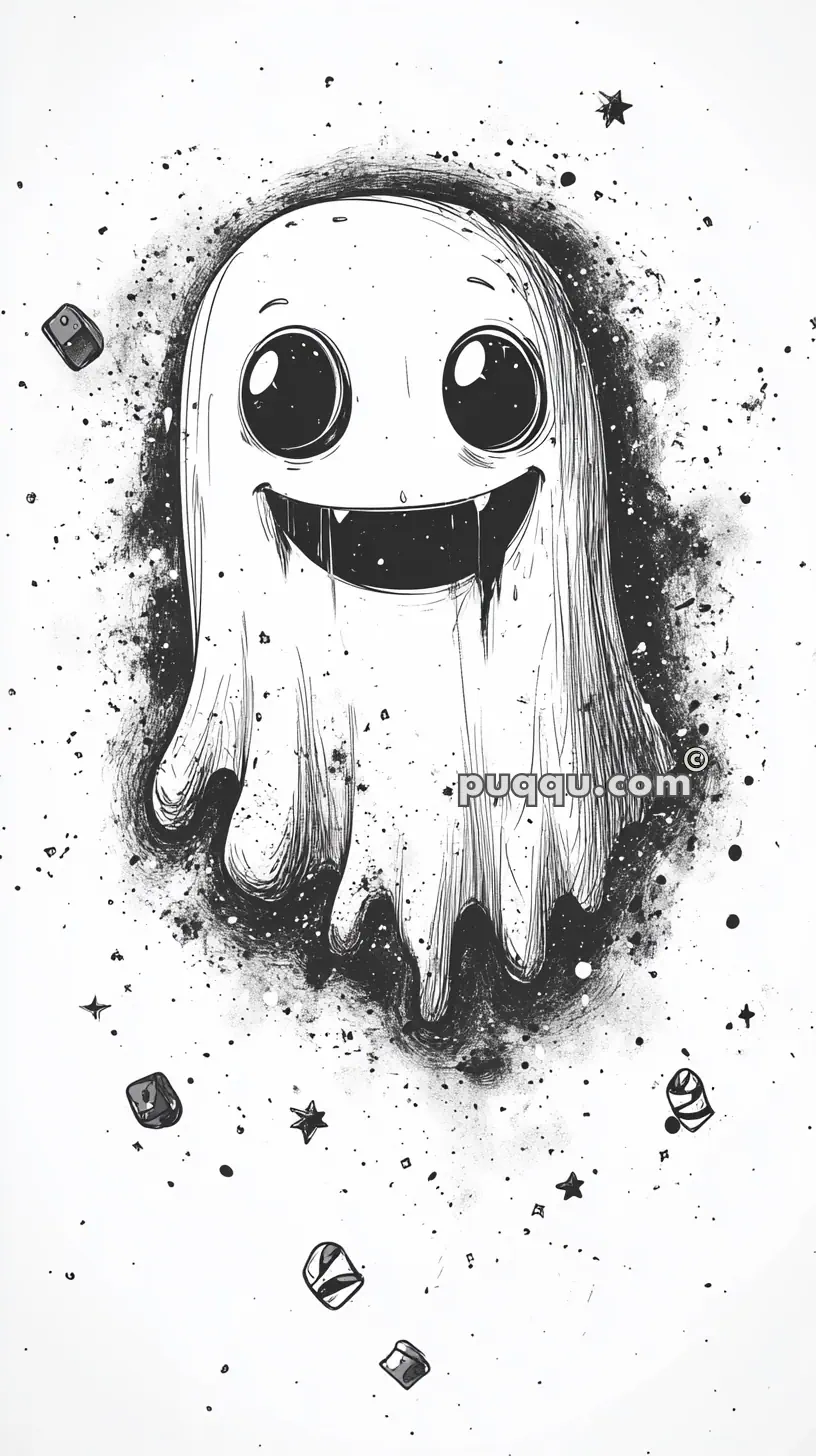 Black and white illustration of a cute cartoon ghost with a big, happy smile, surrounded by stars and various small objects.