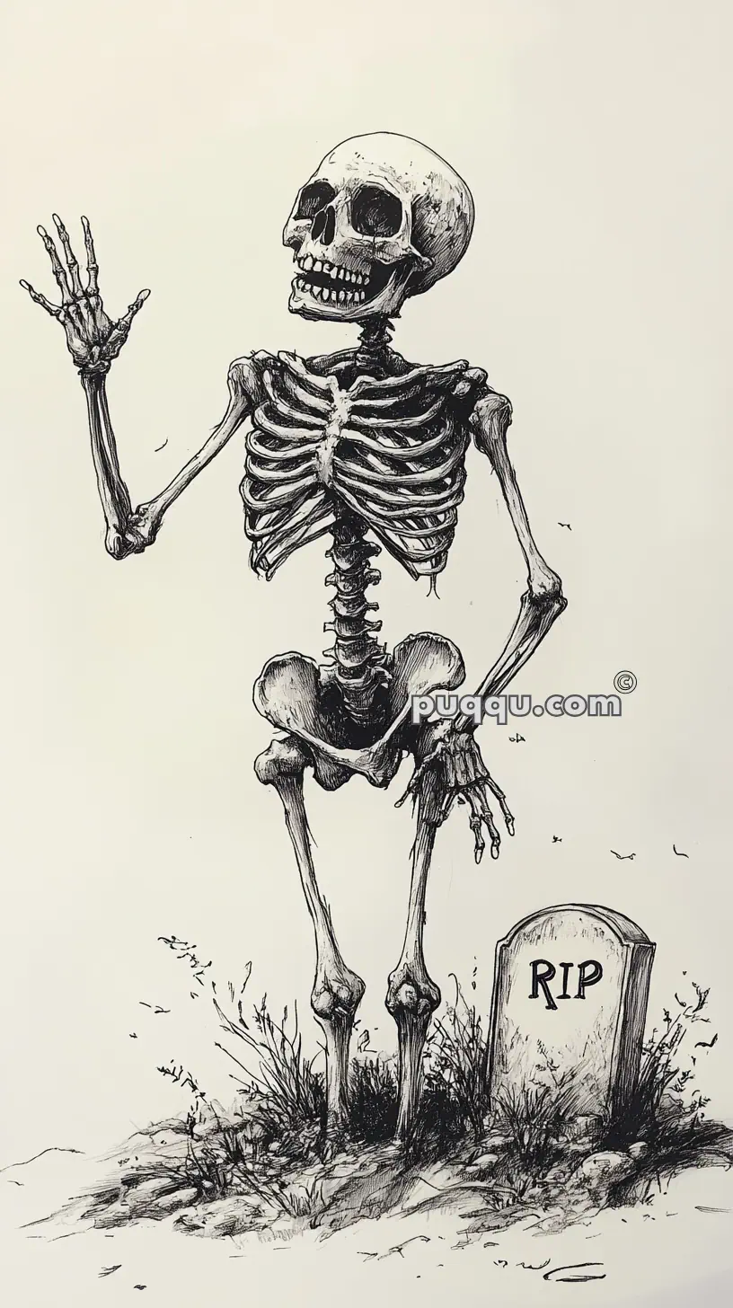 Illustration of a skeleton standing next to a gravestone with "RIP" inscribed, raising one hand as if waving.