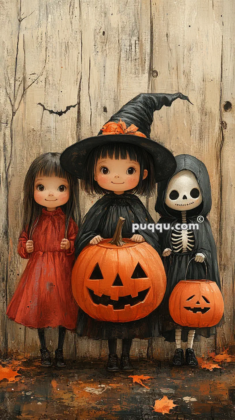 Three cute children in Halloween costumes stand against a wooden backdrop; one in a red dress, one dressed as a witch holding a carved pumpkin, and one in a skeleton outfit holding a pumpkin bucket.