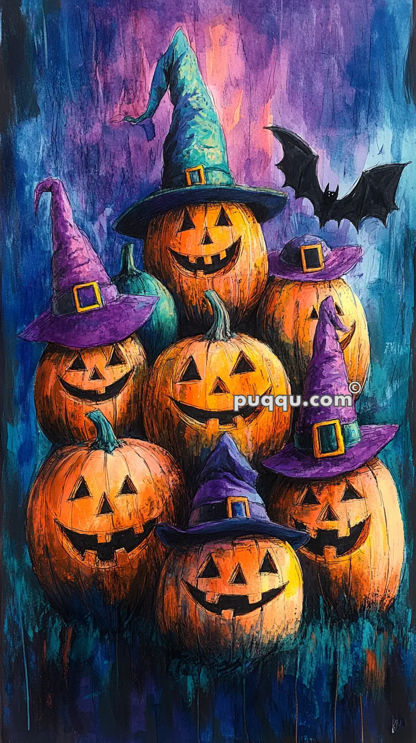 Several jack-o'-lanterns wearing colorful witch hats in front of a spooky background with a bat flying on the right.