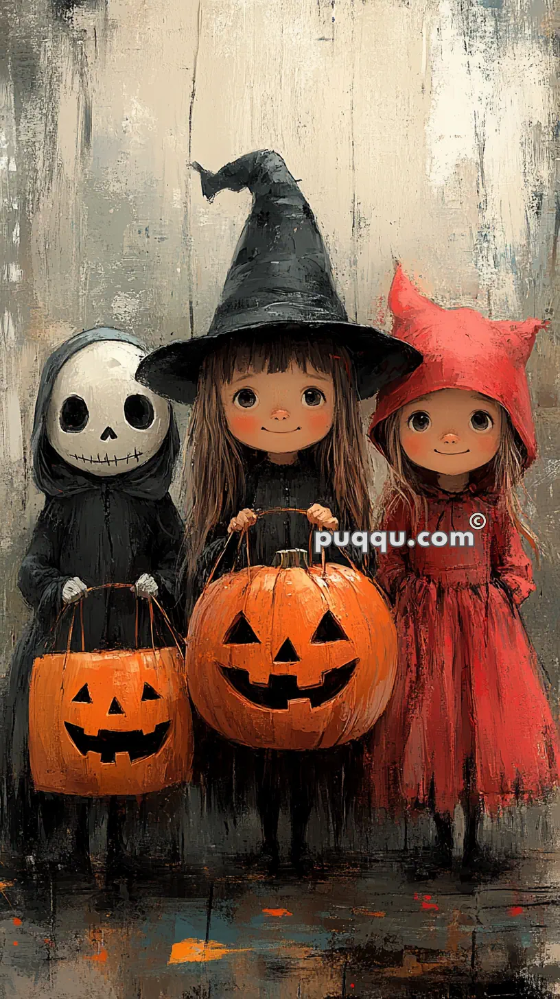 Illustration of three children in Halloween costumes: one in a skeleton mask, one in a witch hat, and one in a red hooded cloak, each holding a jack-o'-lantern pumpkin bucket.