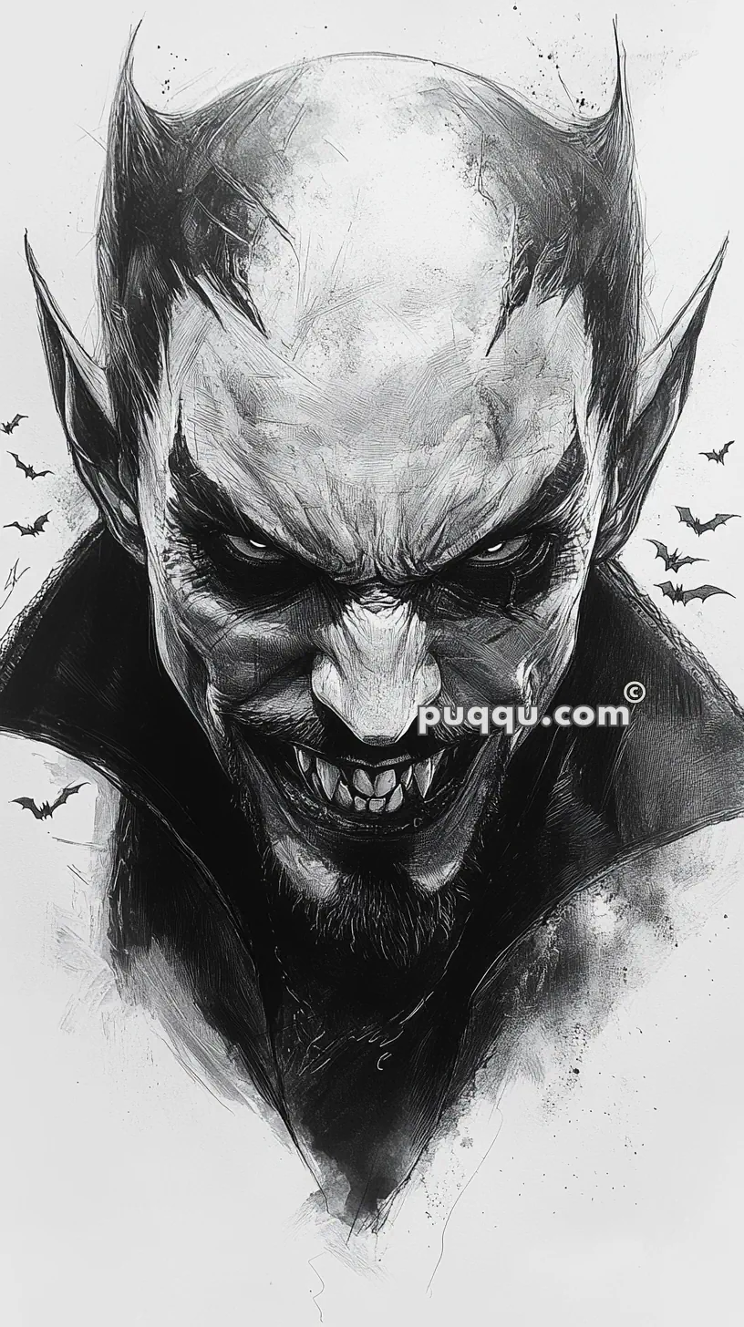 Black and white illustration of a sinister-looking vampire with sharp teeth and pointed ears, with bats flying around the background.