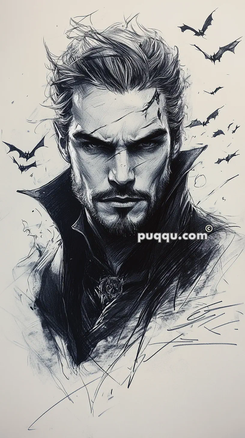 Dark, intense sketch of a brooding man with a scar above his eye, surrounded by bats.