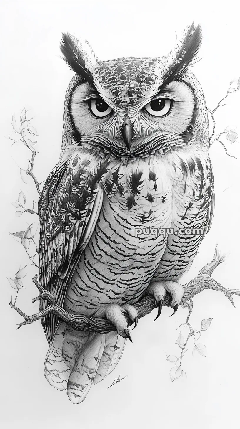 Detailed pencil drawing of an owl perched on a branch.