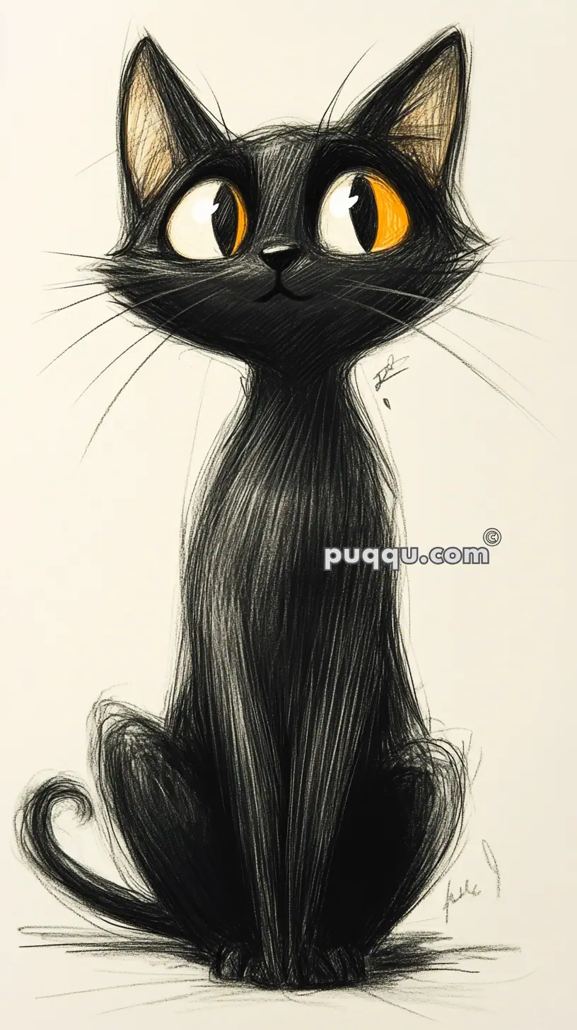 Cartoon drawing of a black cat with large, expressive yellow eyes, sitting and looking forward.