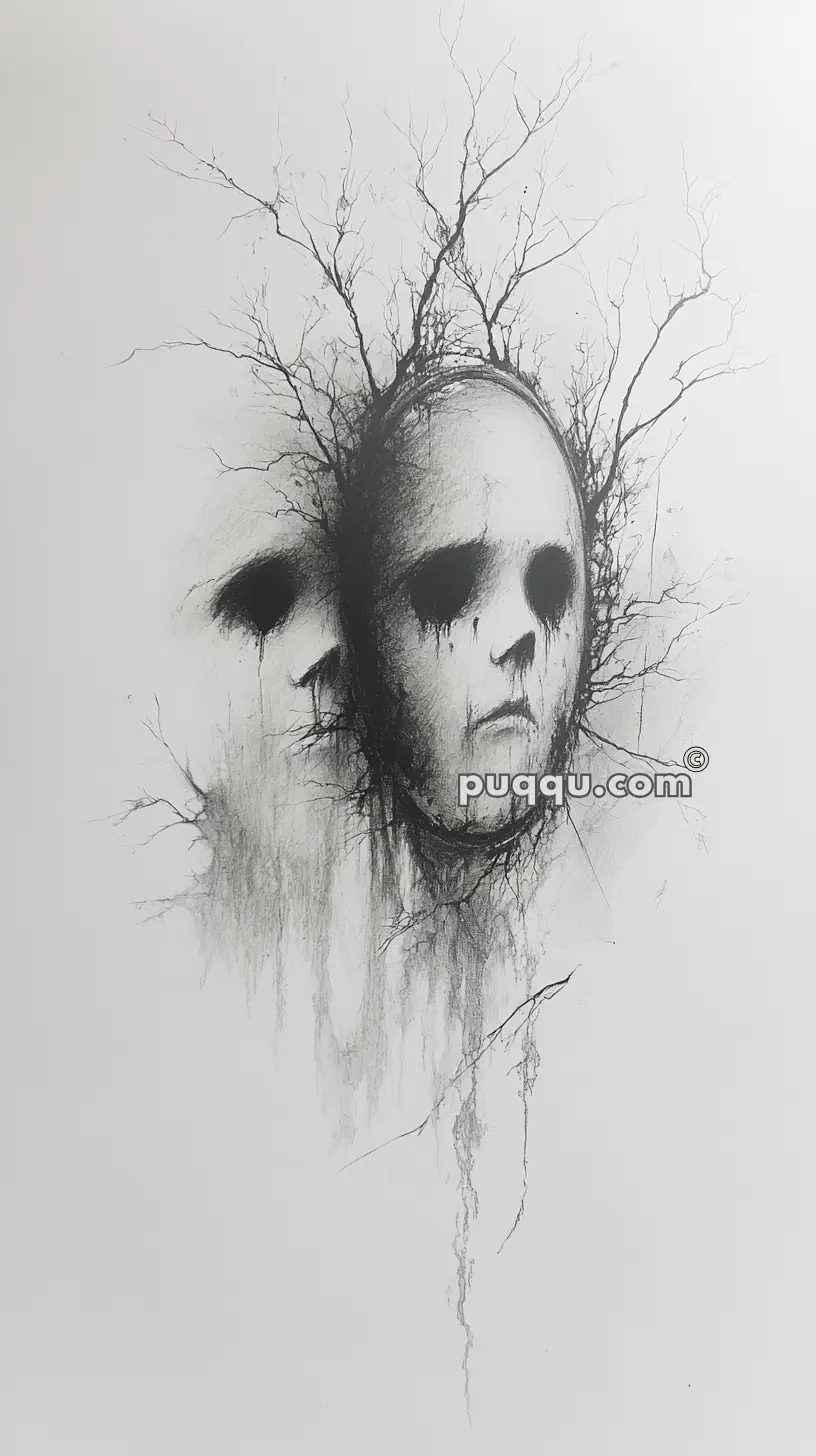 Abstract dark artwork depicting two emotionless theater masks blending into a background of tree branches.