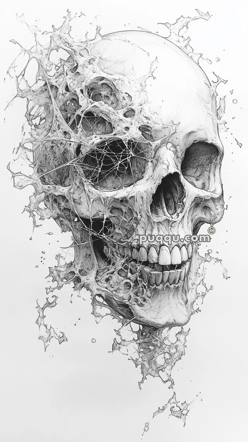 Detailed pencil drawing of a human skull with intricate cracks and web-like structures.