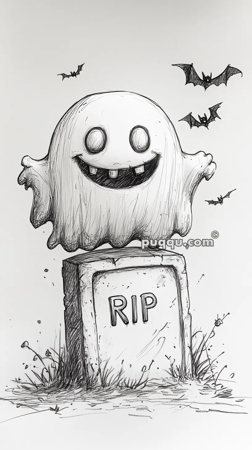 Cartoon ghost with a big smile floating above a gravestone with "RIP" inscribed, surrounded by flying bats.