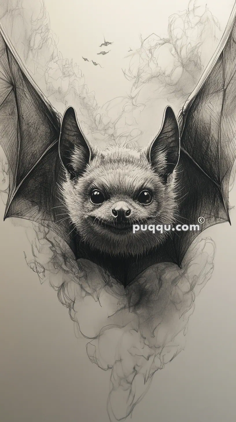 Sketch of a bat with outstretched wings, featuring detailed shading and background elements of other bats and abstract shapes.