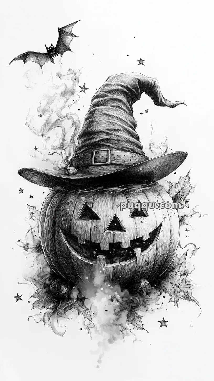 Black and white illustration of a Jack-o'-lantern wearing a witch's hat, with mist, stars, and a bat flying above.