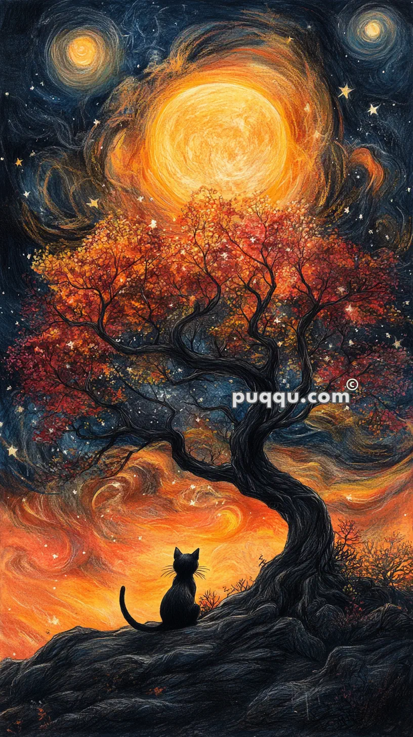 A black cat sits on a hill, gazing at a bright, fiery orange sun against a dark, starry sky with swirling patterns and autumn-colored tree branches.