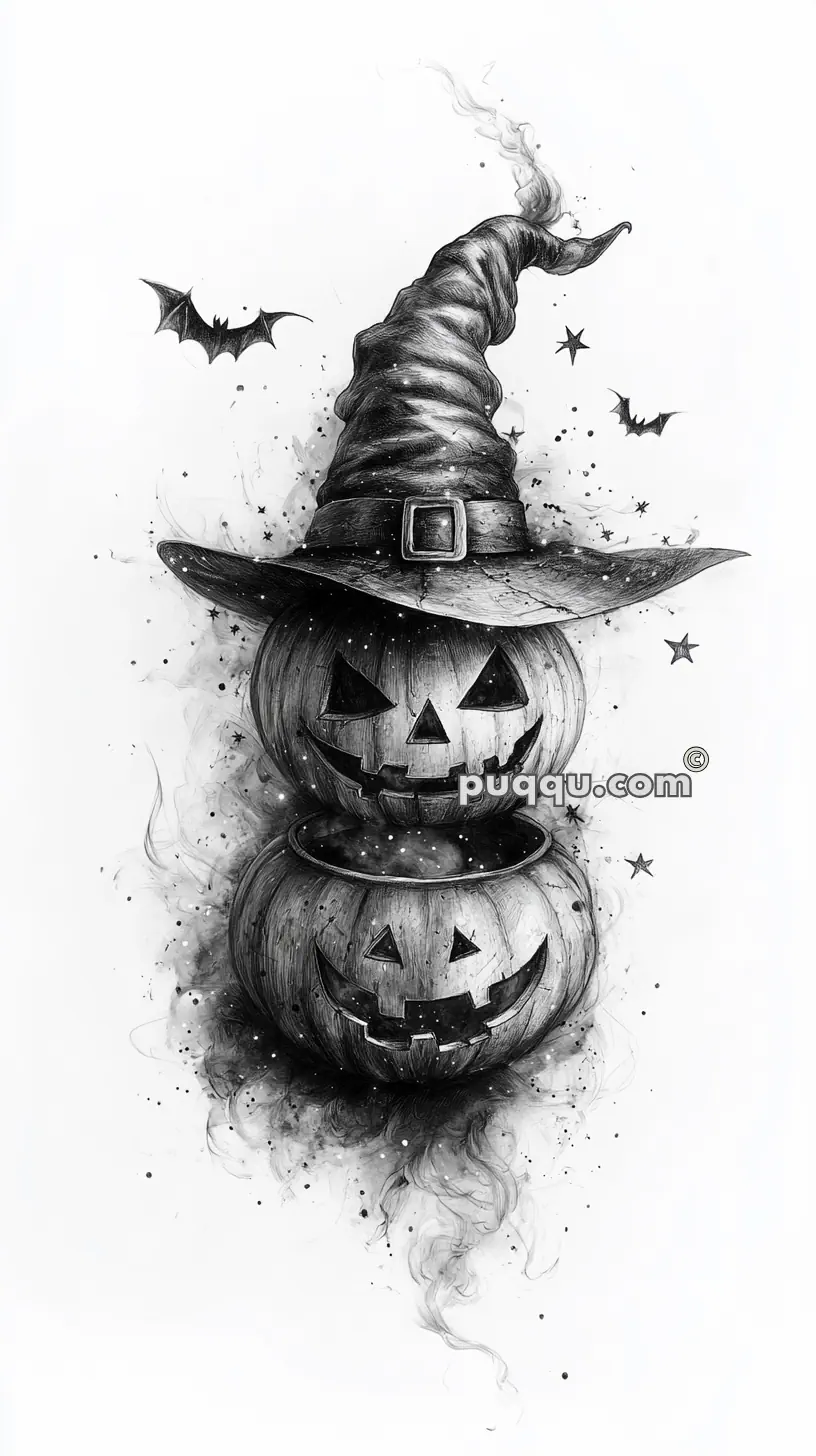 Two stacked jack-o'-lanterns wearing a witch's hat, surrounded by bats and stars.