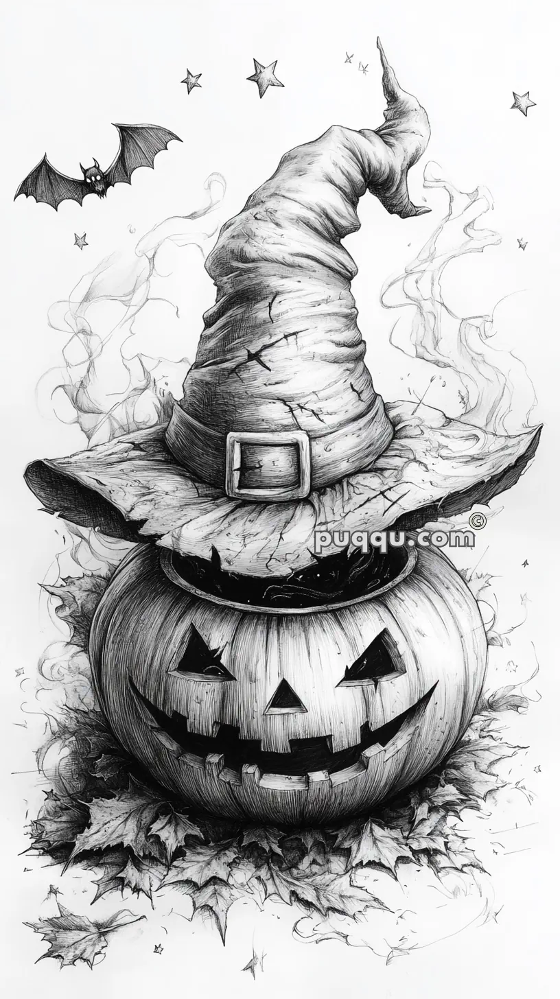 A detailed black and white illustration of a carved pumpkin wearing a wrinkled witch's hat with a buckle. The jack-o'-lantern is surrounded by swirling smoke and scattered autumn leaves, with a bat and stars in the background.