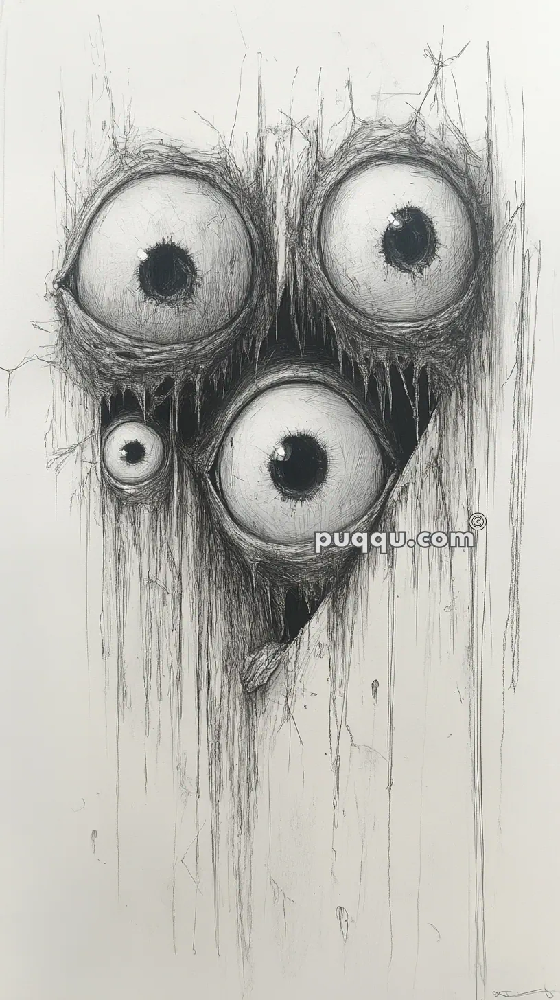 Illustration of a creature with four large, unsettling eyes arranged in a triangular formation, surrounded by sketchy, dripping lines giving a sense of dread.