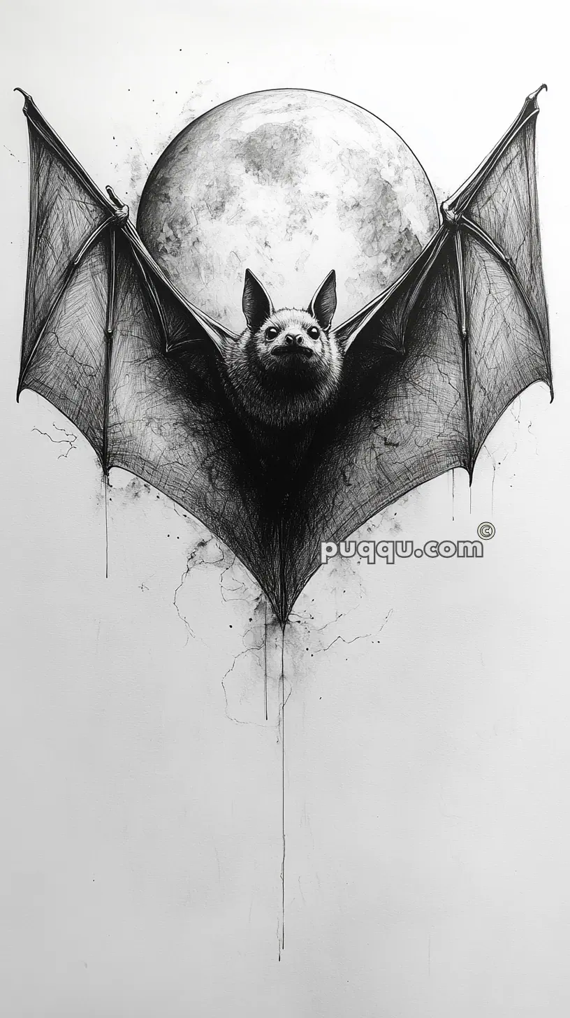 Illustration of a bat with outstretched wings in front of a full moon background.