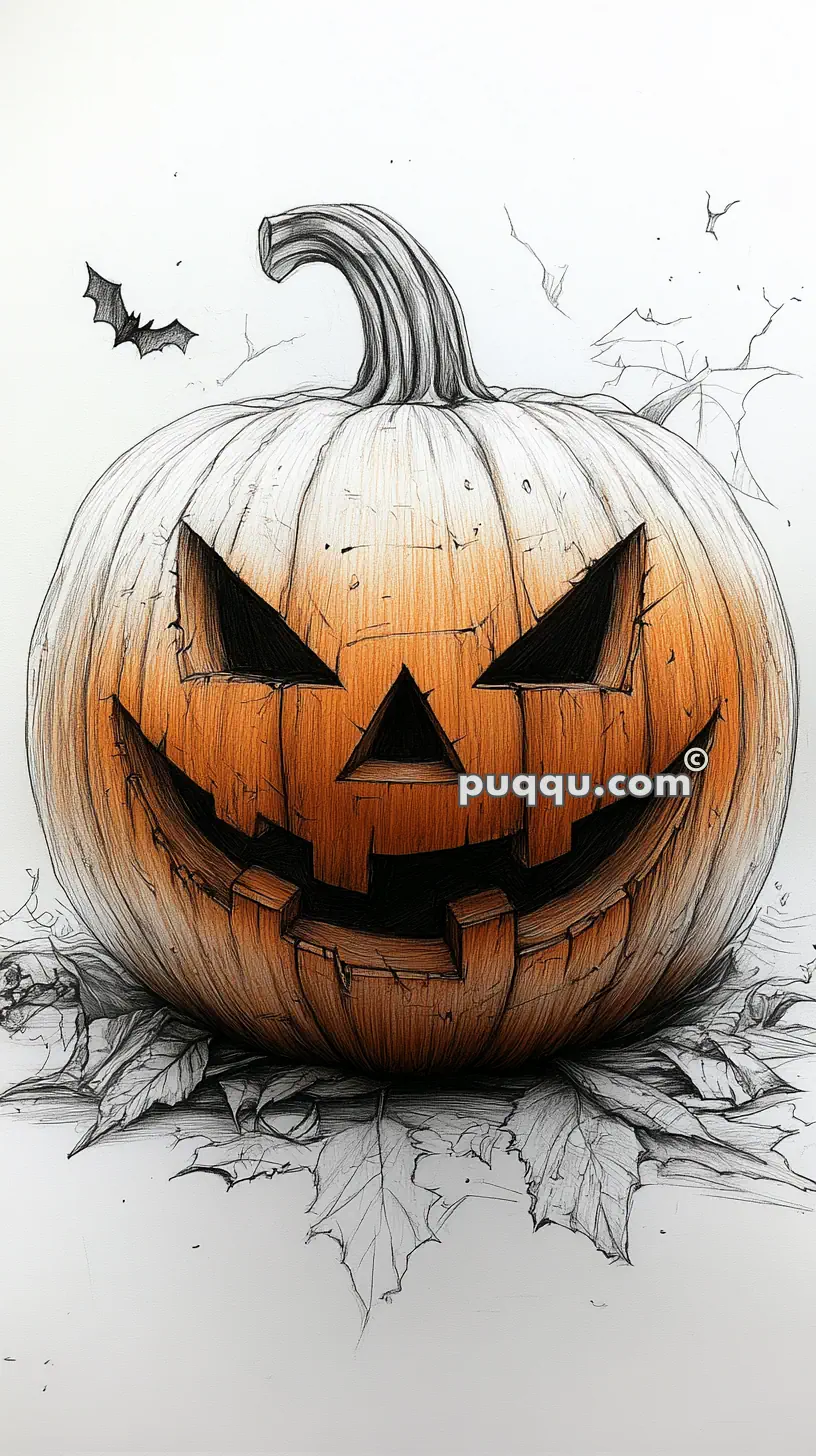 Illustration of a jack-o'-lantern with a menacing face, surrounded by sketchy leaves and two flying bats in the background.